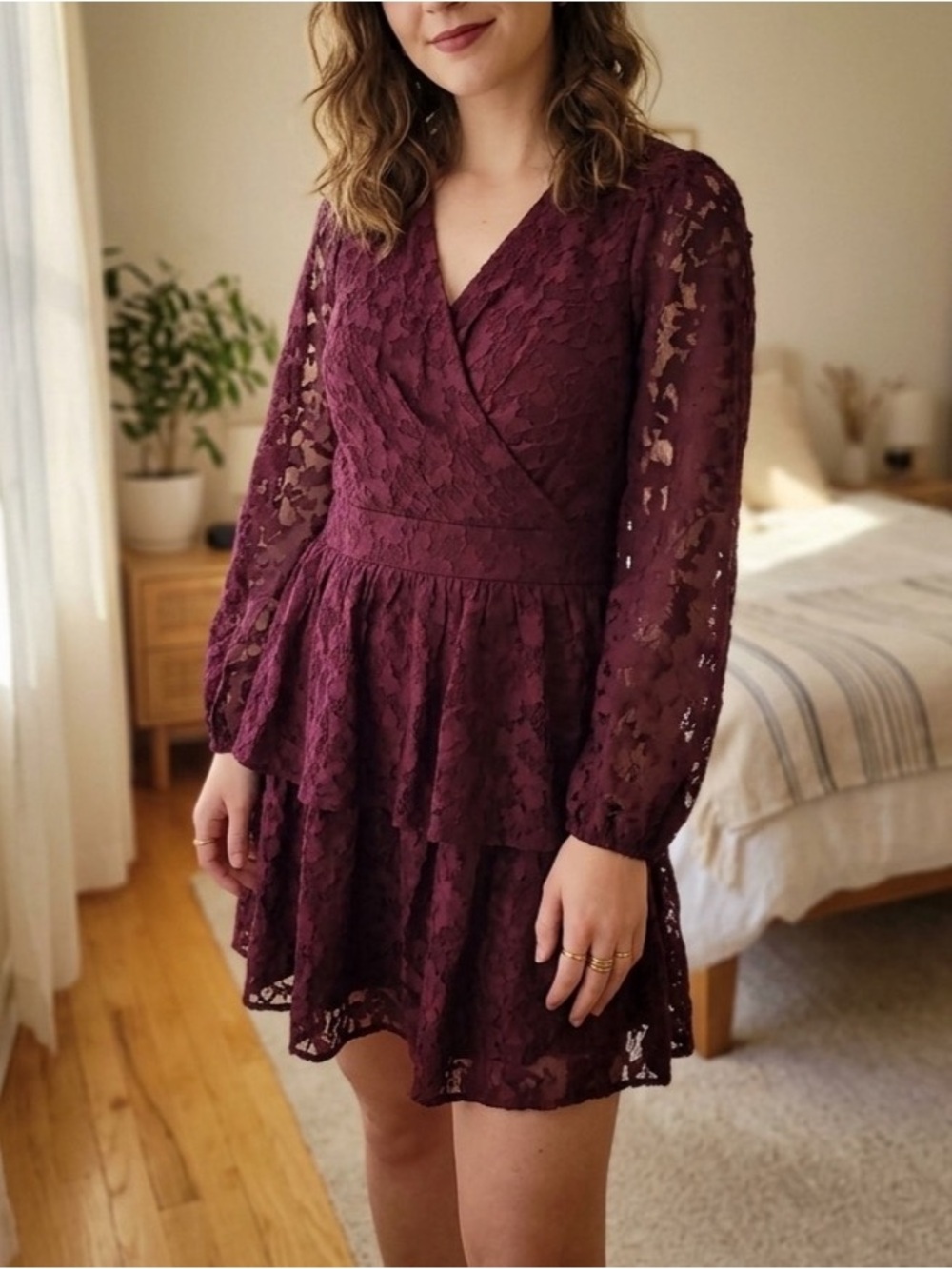 Entro Women's Lace Tiered Dress - Wrap style Deep Burgundy